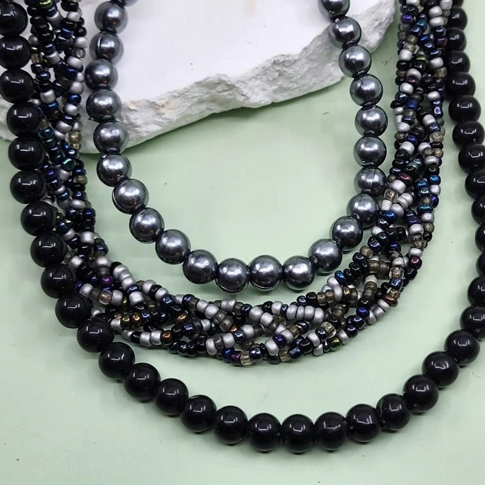 Multi Strand Black Seed Bead Necklace Gray Faux Pearl Boho Statement Layered
